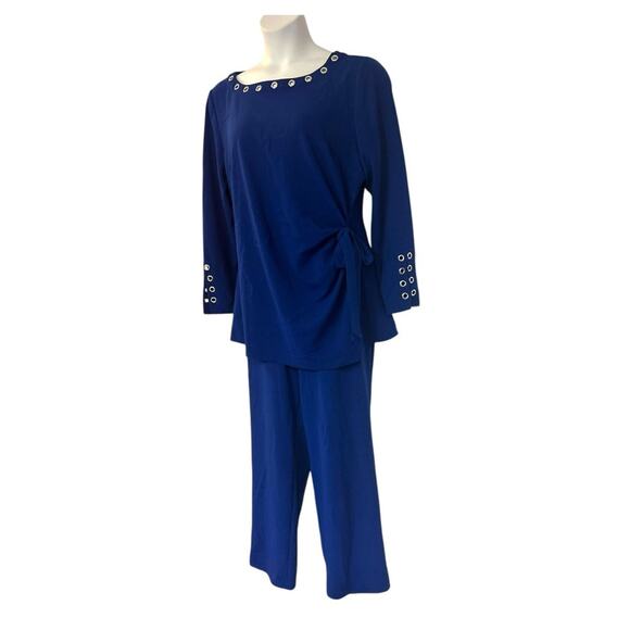 Midnight Velvet Grommet Tunic Stretchy Office Desk to Dinner Party Blue Pantset - Picture 5 of 16